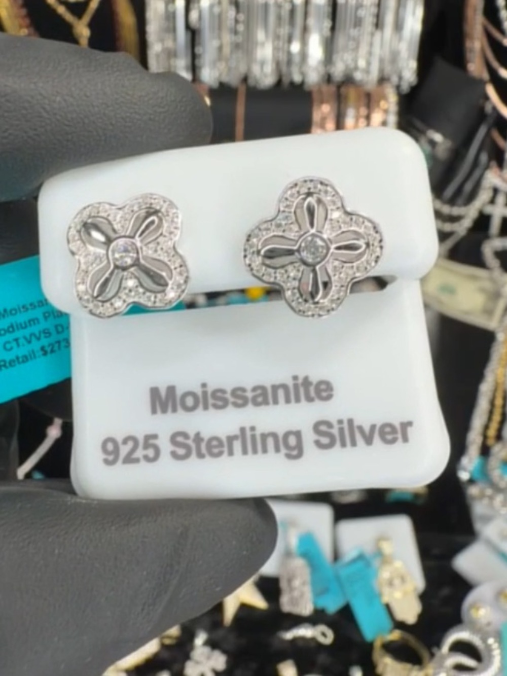 Floral Moissanite Sterling Silver Stud Earrings - Silver